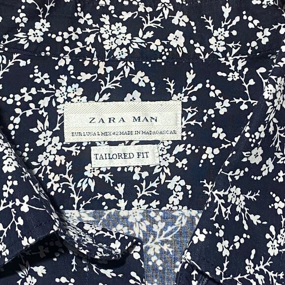 ZARA MEN Tailored Fit Long Sleeve Button Shirt Size L Navy Blue White Floral - Picture 4 of 12